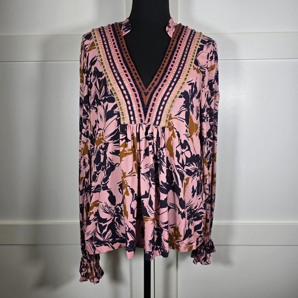 Bl-nk x Anthropologie Stephanie Long-Sleeve Top in pink floral. Size M. Ret $118 - Picture 4 of 11